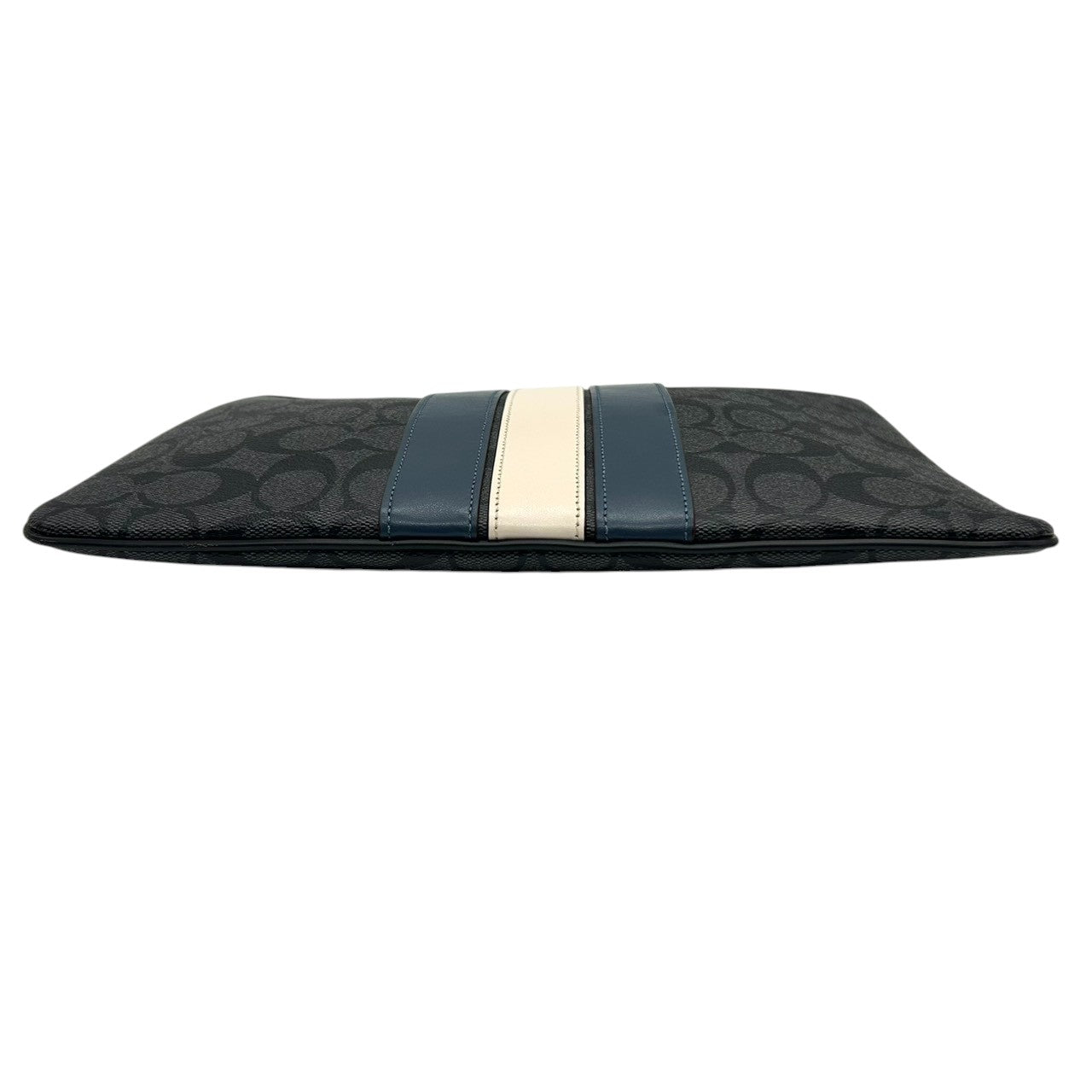 【美品】コーチ クラッチバッグ F25071 シグネチャー ストライプ PVC レザー ブラック ブルー セカンドバッグ A4収納可 薄型 メンズ レディース ユニセックス ビジネス カジュアル バッグインバッグ クリーニング済み U4