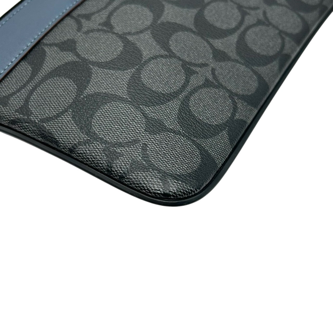 【美品】コーチ クラッチバッグ F25071 シグネチャー ストライプ PVC レザー ブラック ブルー セカンドバッグ A4収納可 薄型 メンズ レディース ユニセックス ビジネス カジュアル バッグインバッグ クリーニング済み U4