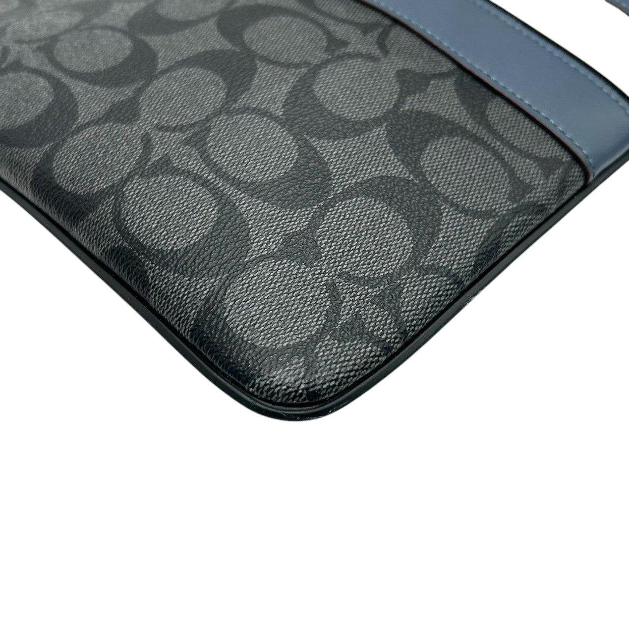 【美品】コーチ クラッチバッグ F25071 シグネチャー ストライプ PVC レザー ブラック ブルー セカンドバッグ A4収納可 薄型 メンズ レディース ユニセックス ビジネス カジュアル バッグインバッグ クリーニング済み U4