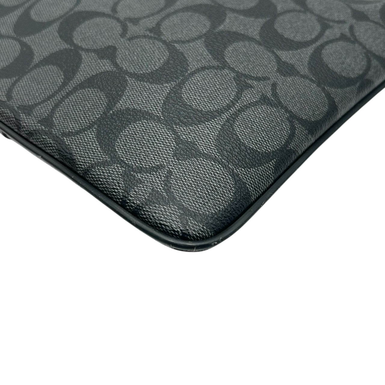 【美品】コーチ クラッチバッグ F25071 シグネチャー ストライプ PVC レザー ブラック ブルー セカンドバッグ A4収納可 薄型 メンズ レディース ユニセックス ビジネス カジュアル バッグインバッグ クリーニング済み U4