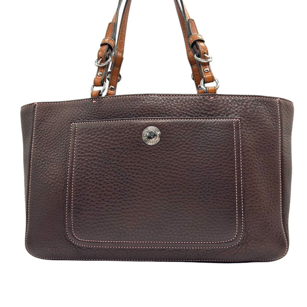 【美品】コーチ トートバッグ 8A44 レザー 本革 ブラウン A4収納可 大容量 ワンショルダー 肩掛け ビジネスバッグ 通勤 通学 レディース 機能的 ステッチ シボ革 上質レザー クラシック ヴィンテージデザイン クリーニング済み U4