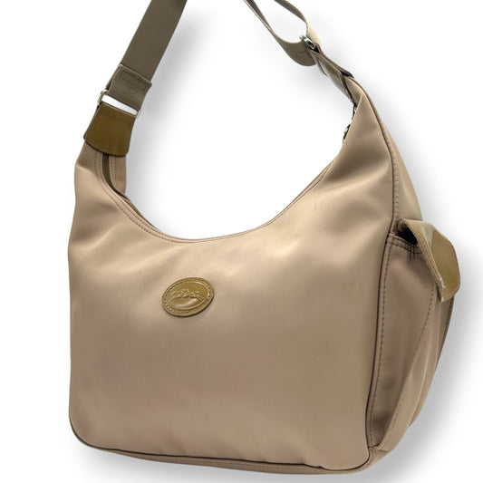 ロンシャン ショルダーバッグ ナイロン パテントレザー ベージュ ホーボーバッグ 斜め掛け可 A4収納可 大容量 レディース 軽量 機能的 カジュアル エレガント シンプルデザイン 通勤 通学 デイリーユース ロゴプレート クリーニング済み s87