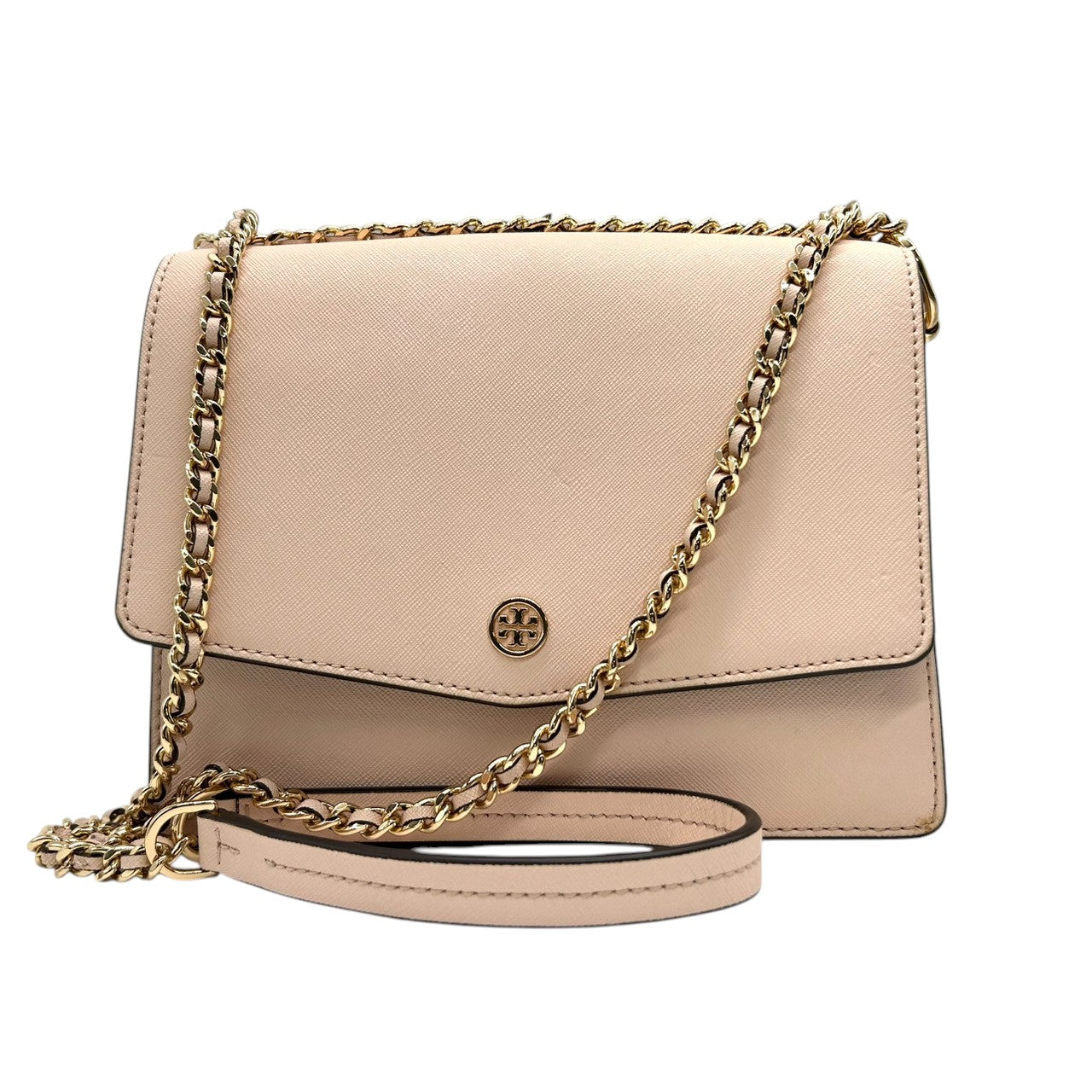 【美品】トリーバーチ チェーンショルダーバッグ PVCレザー ピンク ブラック バイカラー 斜め掛け可 ウォレットバッグ フラップ レディース パーティー エレガント フェミニン ゴールドチェーン ロゴプレート クリーニング済み 自立可 s81