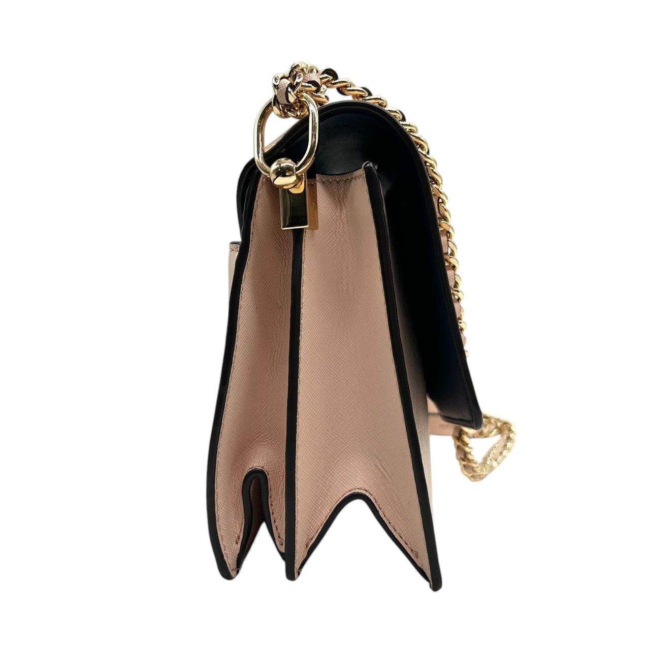 【美品】トリーバーチ チェーンショルダーバッグ PVCレザー ピンク ブラック バイカラー 斜め掛け可 ウォレットバッグ フラップ レディース パーティー エレガント フェミニン ゴールドチェーン ロゴプレート クリーニング済み 自立可 s81