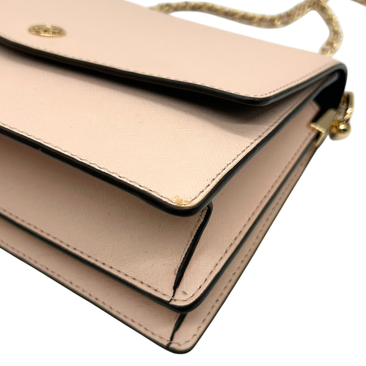 【美品】トリーバーチ チェーンショルダーバッグ PVCレザー ピンク ブラック バイカラー 斜め掛け可 ウォレットバッグ フラップ レディース パーティー エレガント フェミニン ゴールドチェーン ロゴプレート クリーニング済み 自立可 s81