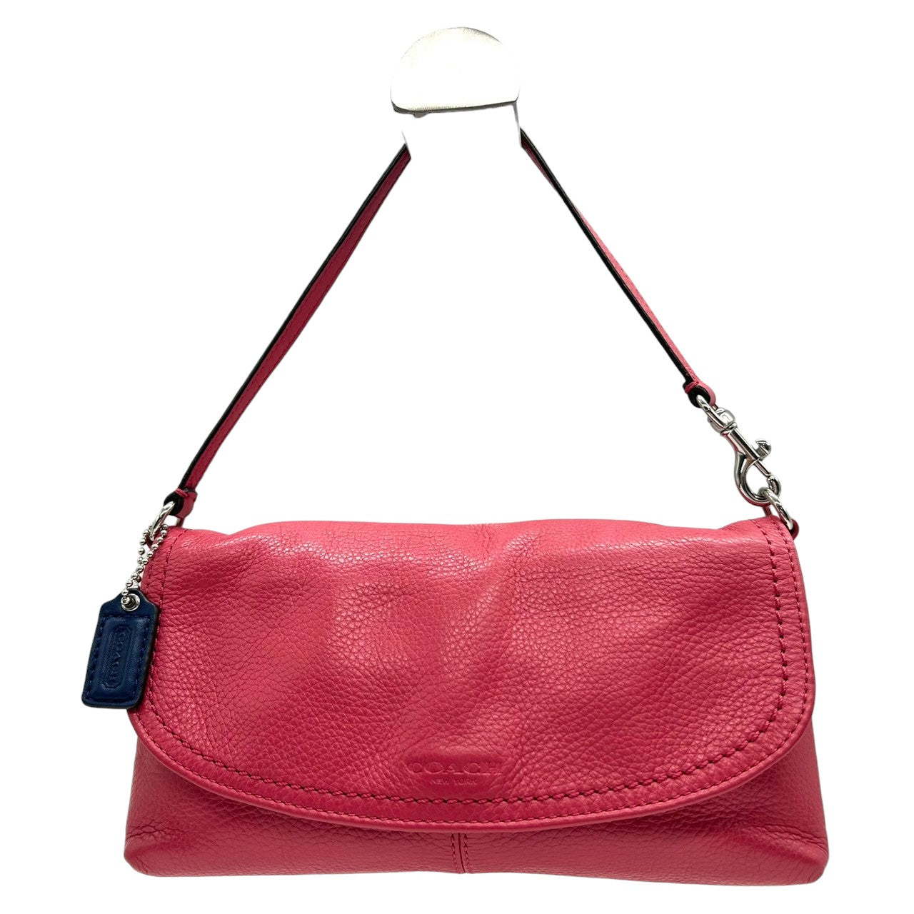 【美品】コーチ ハンドバッグ レザー 本革 ピンク ネイビー バイカラー アクセサリーポーチ リストレット ミニバッグ コンパクト 軽量 レディース フラップ カジュアル パーティー チャーム付き シボ革 クリーニング済み U1