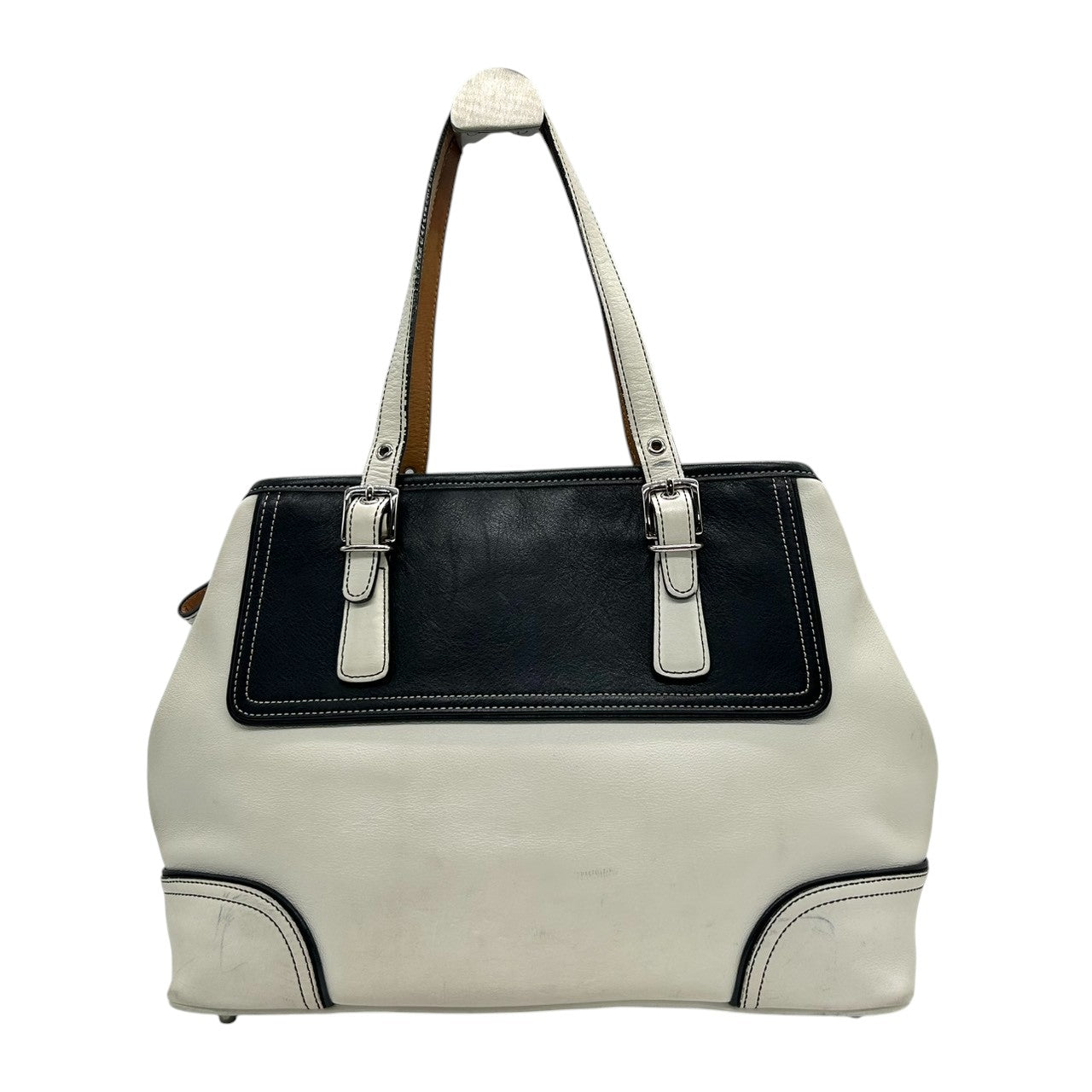 コーチ トートバッグ 9605 レザー 本革 ホワイト ブラック バイカラー A4収納可 大容量 ワンショルダー 肩掛け レディース ハンドバッグ チャーム付き ステッチデザイン クラシック ヴィンテージ クリーニング済み 自立可 s53