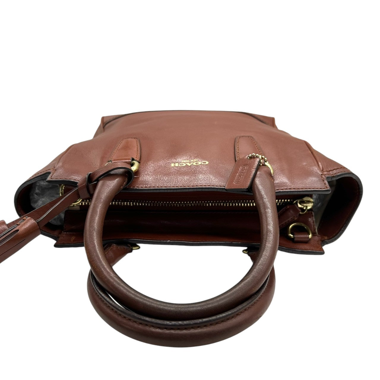 コーチ 2WAY トートバッグ ハンドバッグ ショルダーバッグ レザー 本革 ブラウン 斜め掛け可 タッセルチャーム付き レディース ミニトート コンパクト 通勤 カジュアル エレガント ロゴプレート 上質レザー 自立可 クリーニング済み s53