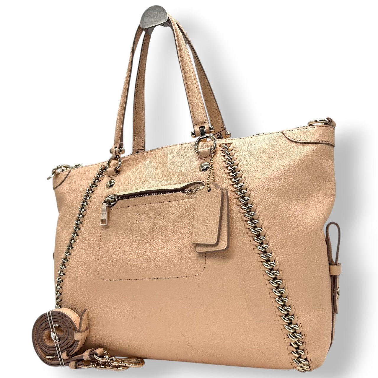 コーチ 2WAY トートバッグ 34339 レザー ピンクベージュ チェーンデザイン A4収納可 大容量 斜め掛け可 レディース ハンドバッグ ビジネス 通勤 通学 エレガント フェミニン チャーム付き クリーニング済み s53