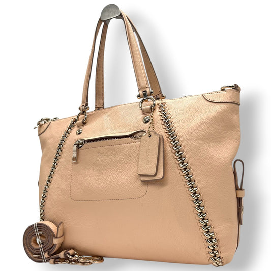 コーチ 2WAY トートバッグ 34339 レザー ピンクベージュ チェーンデザイン A4収納可 大容量 斜め掛け可 レディース ハンドバッグ ビジネス 通勤 通学 エレガント フェミニン チャーム付き クリーニング済み s53