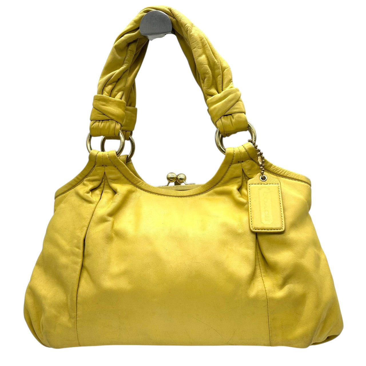 コーチ ハンドバッグ ブルック 13437 レザー 本革 イエロー がま口 キスロック ワンショルダー 大容量 レディース チャーム付き ギャザーデザイン フェミニン エレガント COACH ホーボーバッグ ゴールド金具 クリーニング済み s40