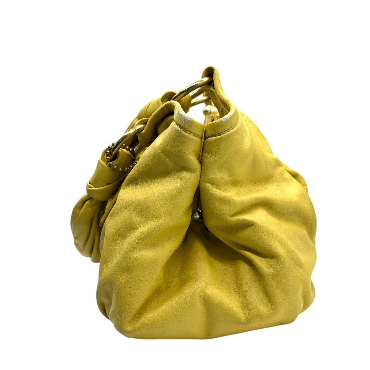 コーチ ハンドバッグ ブルック 13437 レザー 本革 イエロー がま口 キスロック ワンショルダー 大容量 レディース チャーム付き ギャザーデザイン フェミニン エレガント COACH ホーボーバッグ ゴールド金具 クリーニング済み s40