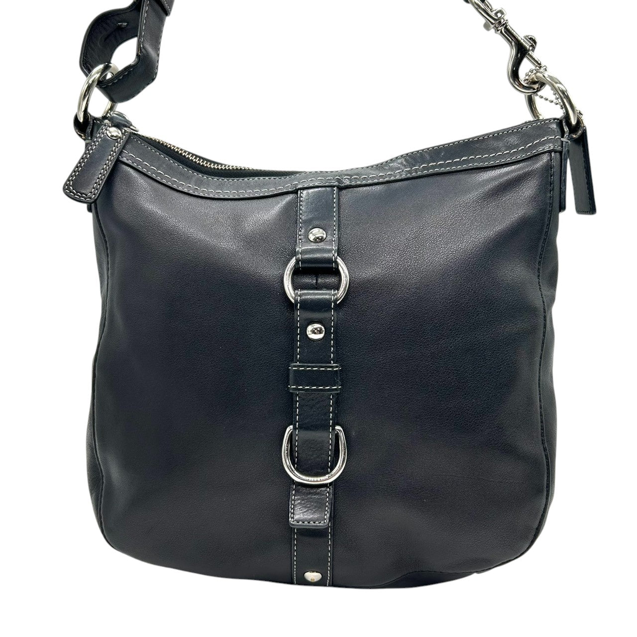 【美品】コーチ ショルダーバッグ F14018 レザー 本革 ブラック 大容量 A4収納可 斜め掛け可 レディース ホーボーバッグ クラシック シンプルデザイン 通勤 通学 ビジネス シルバー金具 ステッチ クリーニング済み s63