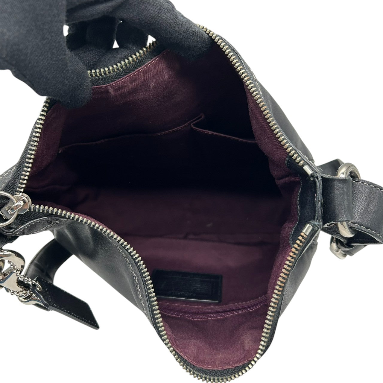 【美品】コーチ ショルダーバッグ F14018 レザー 本革 ブラック 大容量 A4収納可 斜め掛け可 レディース ホーボーバッグ クラシック シンプルデザイン 通勤 通学 ビジネス シルバー金具 ステッチ クリーニング済み s63