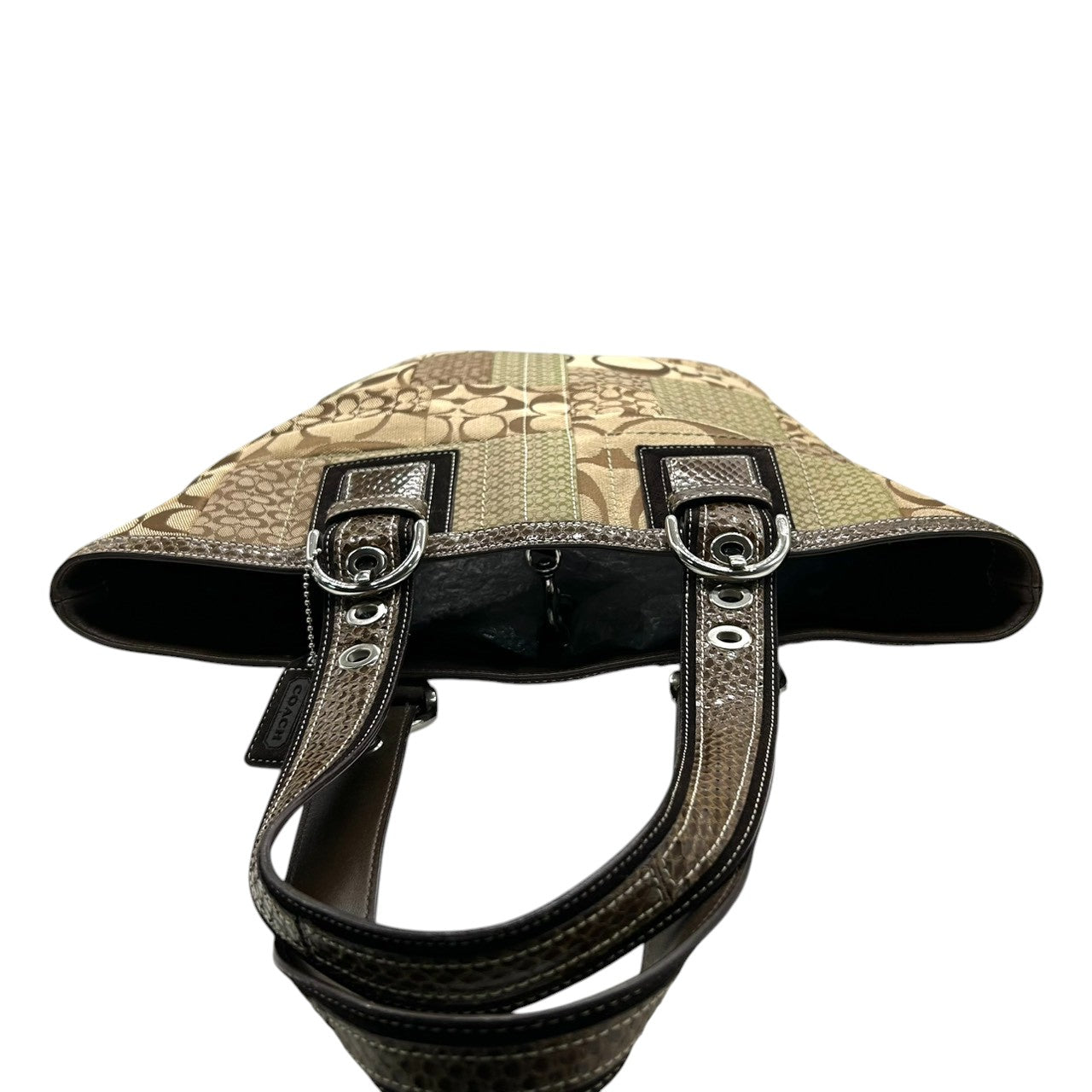 【未使用級】 COACH コーチ トートバッグ 10089 パッチワーク シグネチャー キャンバス 型押しレザー ブラウン A4収納可 大容量 ワンショルダー 肩掛け レディース ハンドバッグ チャーム付き エレガント クラシックデザイン s67