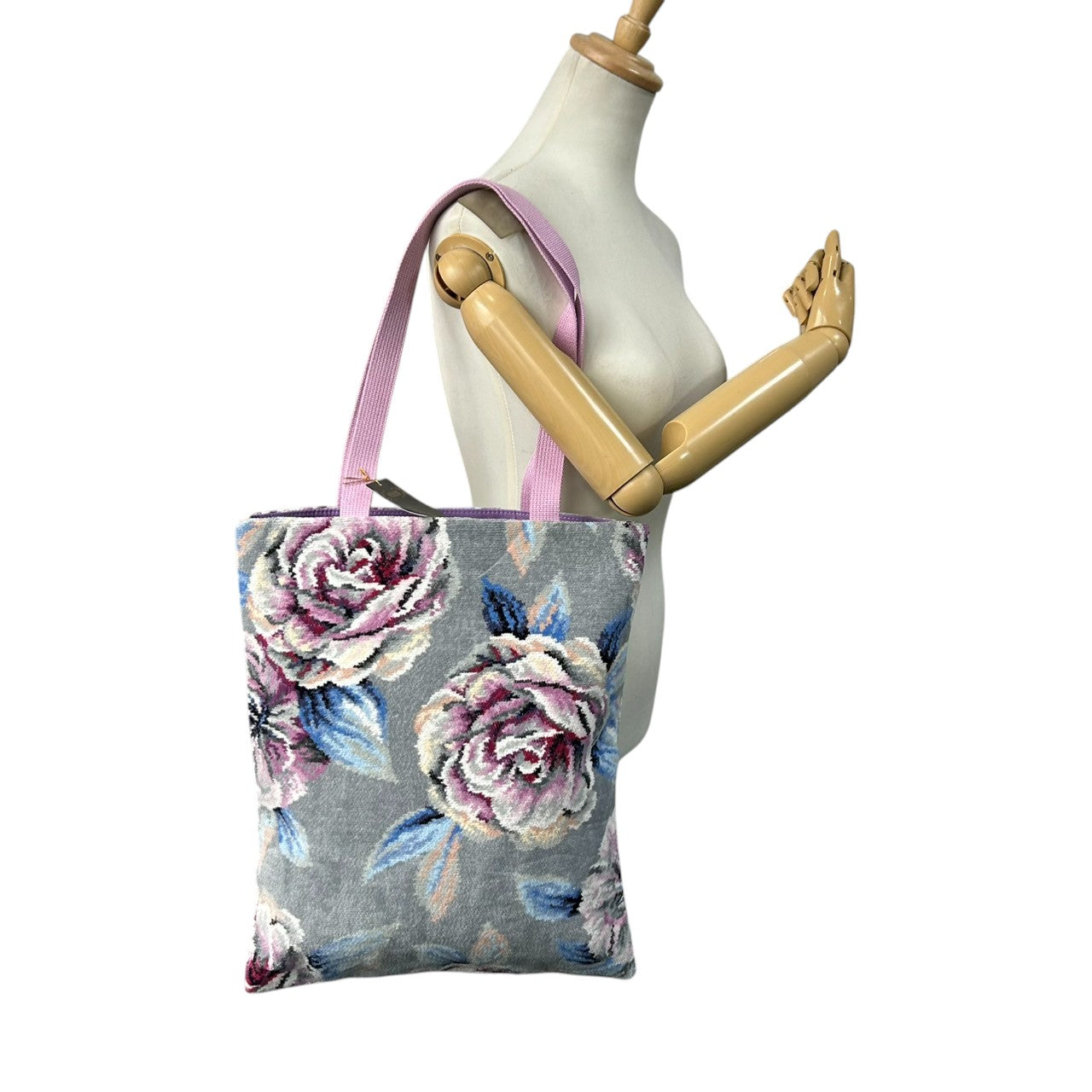 【未使用級】 FEILER ローランサン フェイラー トートバッグ シェニール織 花柄 ローズ グレー A4収納可 大容量 肩掛け ワンショルダー レディース ハンドバッグ エレガント フェミニン 上品 軽量 お出かけ デイリーユース クリーニング済み s21