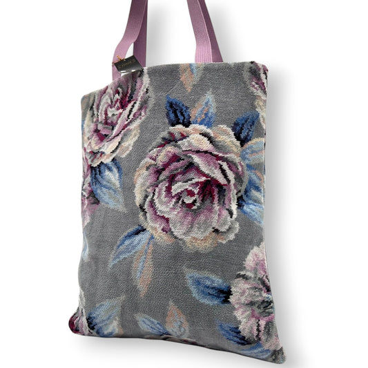 【未使用級】 FEILER ローランサン フェイラー トートバッグ シェニール織 花柄 ローズ グレー A4収納可 大容量 肩掛け ワンショルダー レディース ハンドバッグ エレガント フェミニン 上品 軽量 お出かけ デイリーユース クリーニング済み s21