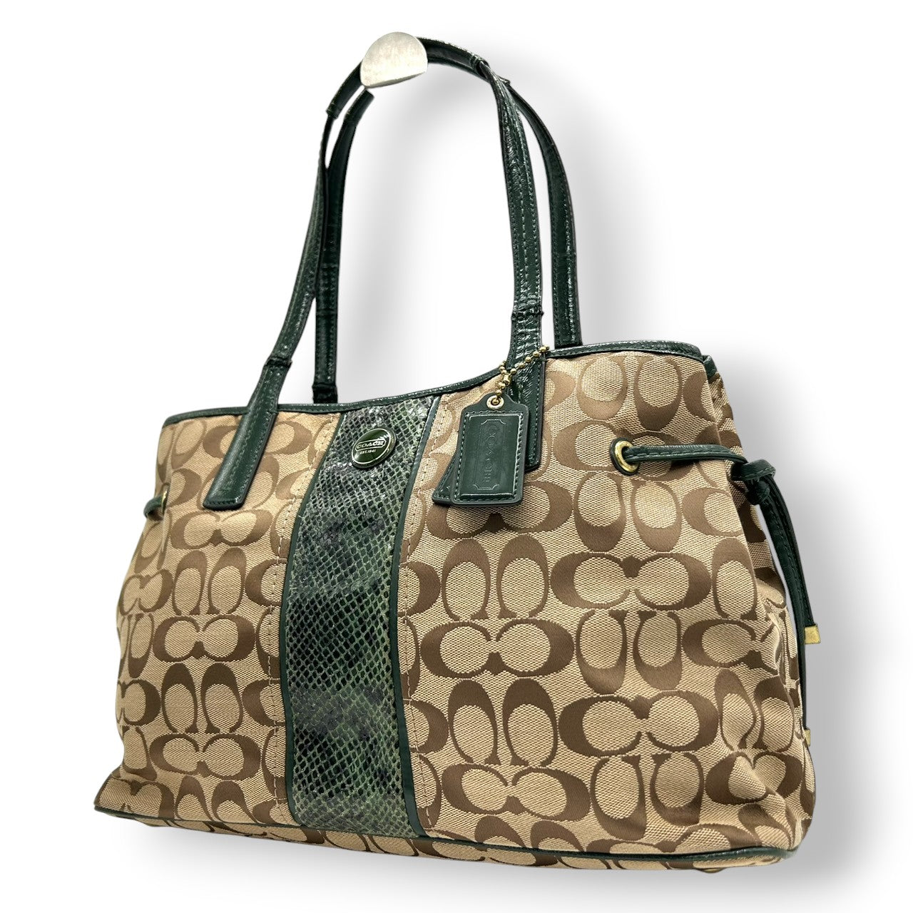 コーチ トートバッグ F24882 シグネチャー キャンバス 型押しレザー ブラウン グリーン 巾着型 A4収納可 大容量 肩掛け ワンショルダー レディース ハンドバッグ チャーム付き エレガントデザイン クリーニング済み s4