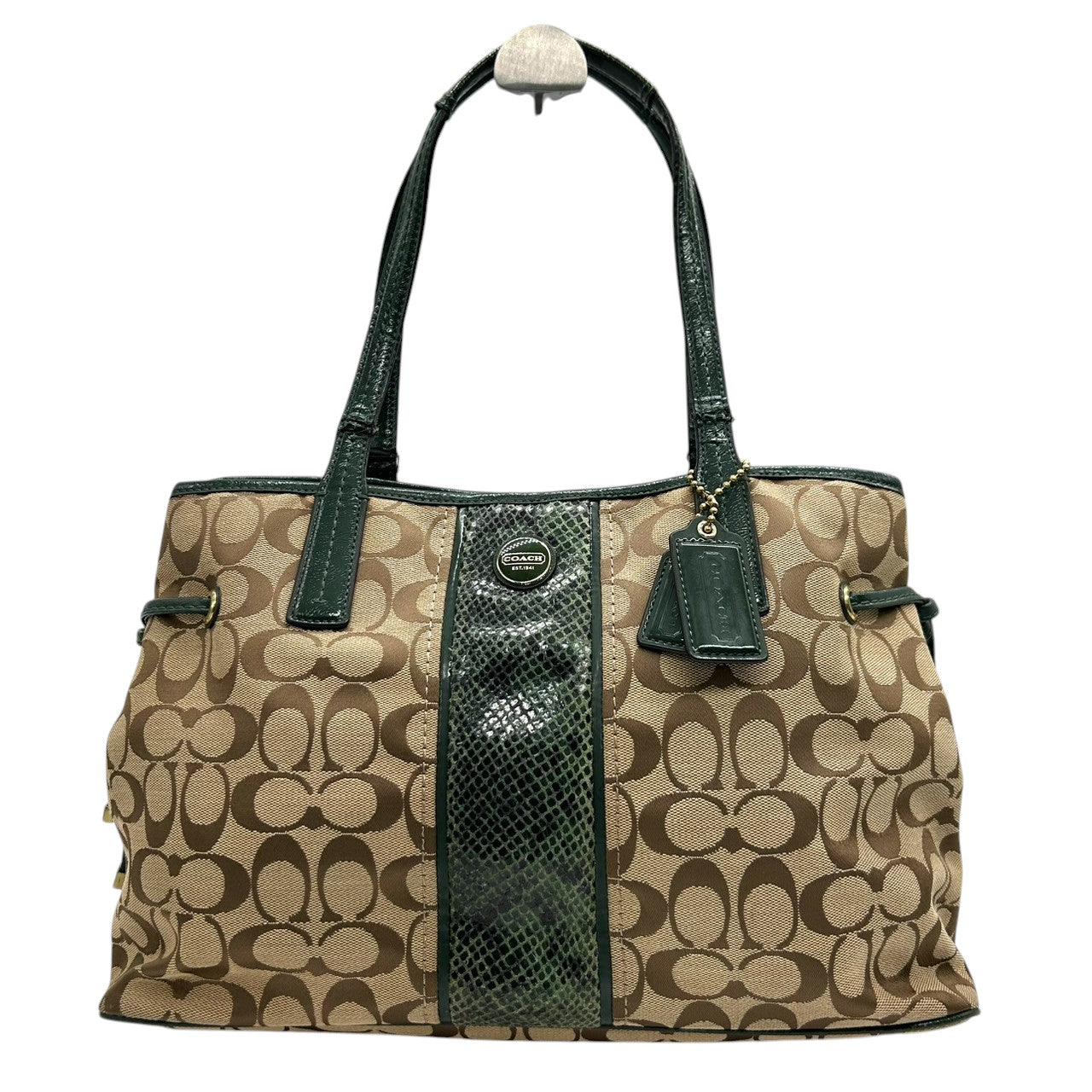 コーチ トートバッグ F24882 シグネチャー キャンバス 型押しレザー ブラウン グリーン 巾着型 A4収納可 大容量 肩掛け ワンショルダー レディース ハンドバッグ チャーム付き エレガントデザイン クリーニング済み s4