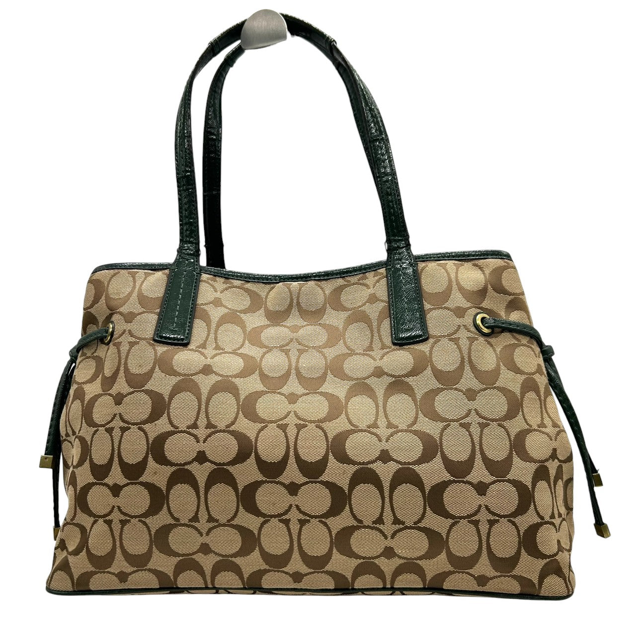 コーチ トートバッグ F24882 シグネチャー キャンバス 型押しレザー ブラウン グリーン 巾着型 A4収納可 大容量 肩掛け ワンショルダー レディース ハンドバッグ チャーム付き エレガントデザイン クリーニング済み s4