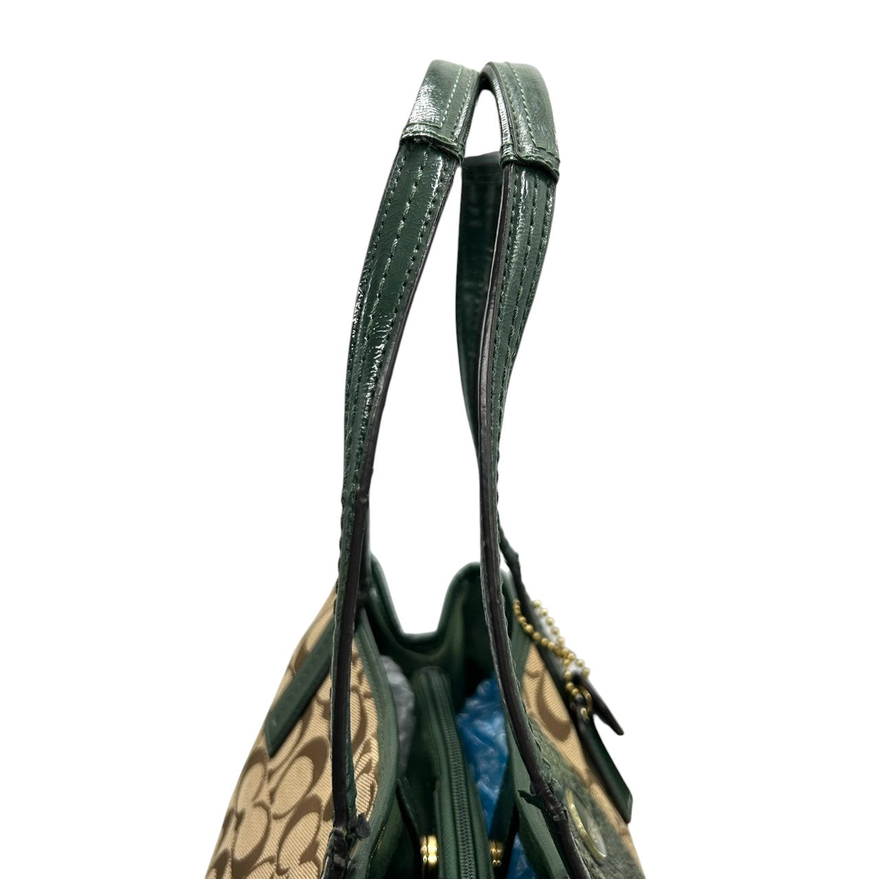 コーチ トートバッグ F24882 シグネチャー キャンバス 型押しレザー ブラウン グリーン 巾着型 A4収納可 大容量 肩掛け ワンショルダー レディース ハンドバッグ チャーム付き エレガントデザイン クリーニング済み s4