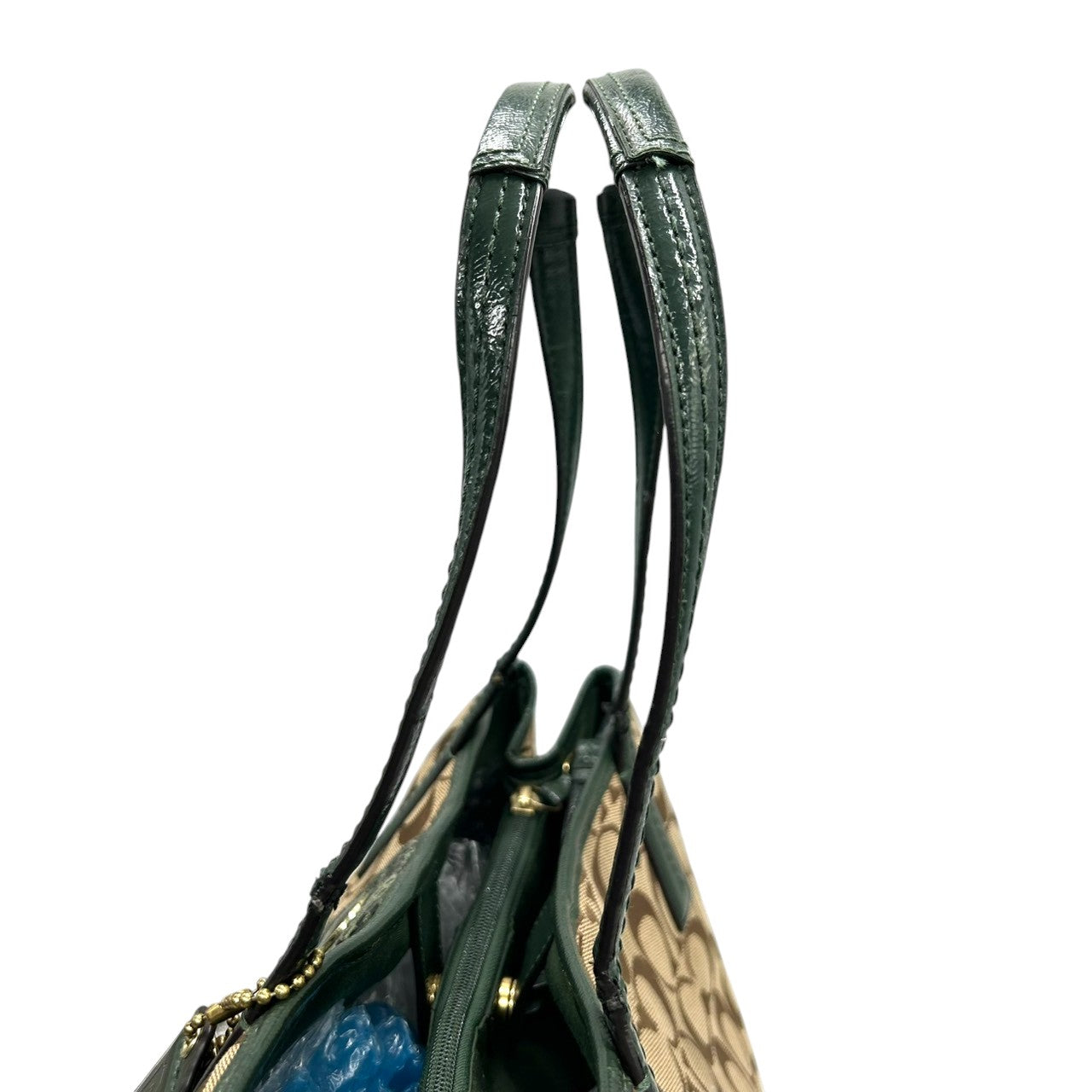 コーチ トートバッグ F24882 シグネチャー キャンバス 型押しレザー ブラウン グリーン 巾着型 A4収納可 大容量 肩掛け ワンショルダー レディース ハンドバッグ チャーム付き エレガントデザイン クリーニング済み s4