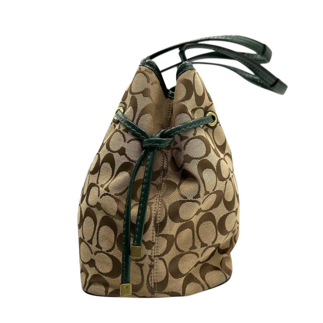 コーチ トートバッグ F24882 シグネチャー キャンバス 型押しレザー ブラウン グリーン 巾着型 A4収納可 大容量 肩掛け ワンショルダー レディース ハンドバッグ チャーム付き エレガントデザイン クリーニング済み s4