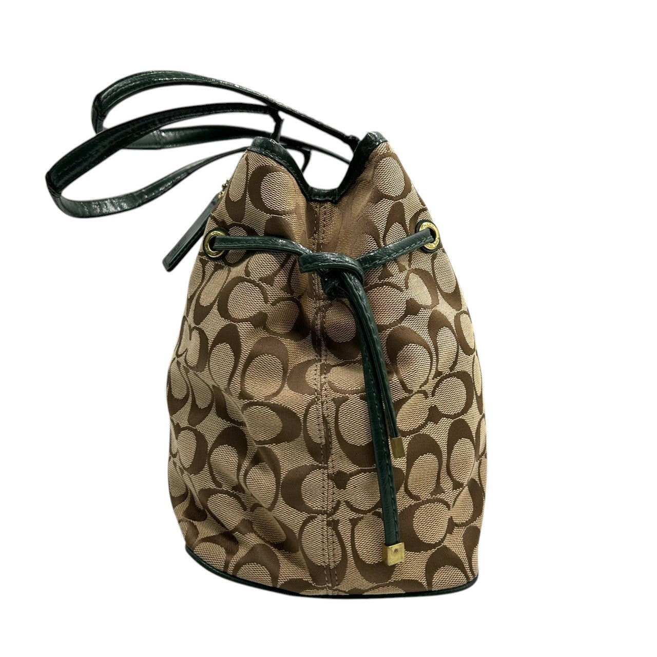 コーチ トートバッグ F24882 シグネチャー キャンバス 型押しレザー ブラウン グリーン 巾着型 A4収納可 大容量 肩掛け ワンショルダー レディース ハンドバッグ チャーム付き エレガントデザイン クリーニング済み s4