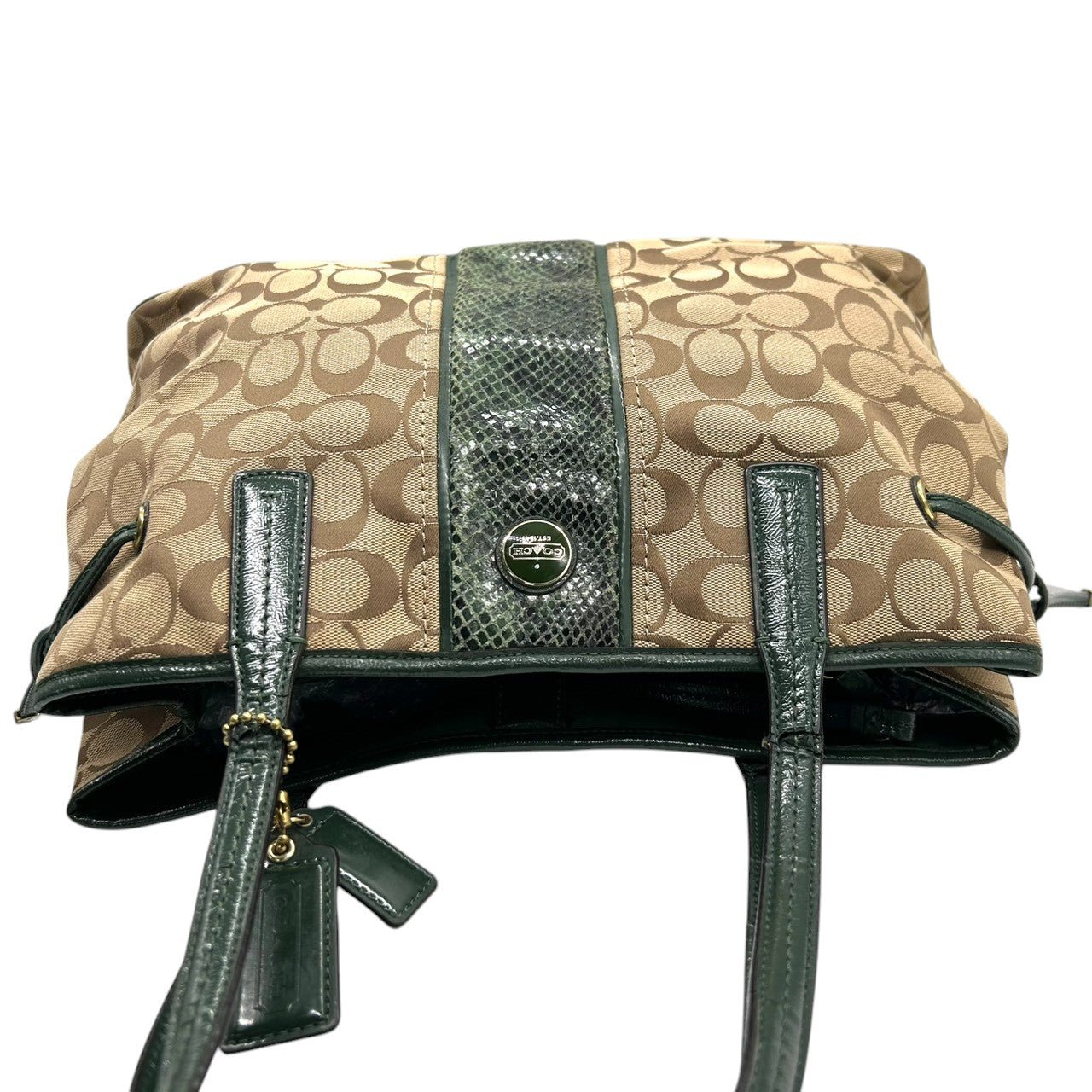 コーチ トートバッグ F24882 シグネチャー キャンバス 型押しレザー ブラウン グリーン 巾着型 A4収納可 大容量 肩掛け ワンショルダー レディース ハンドバッグ チャーム付き エレガントデザイン クリーニング済み s4