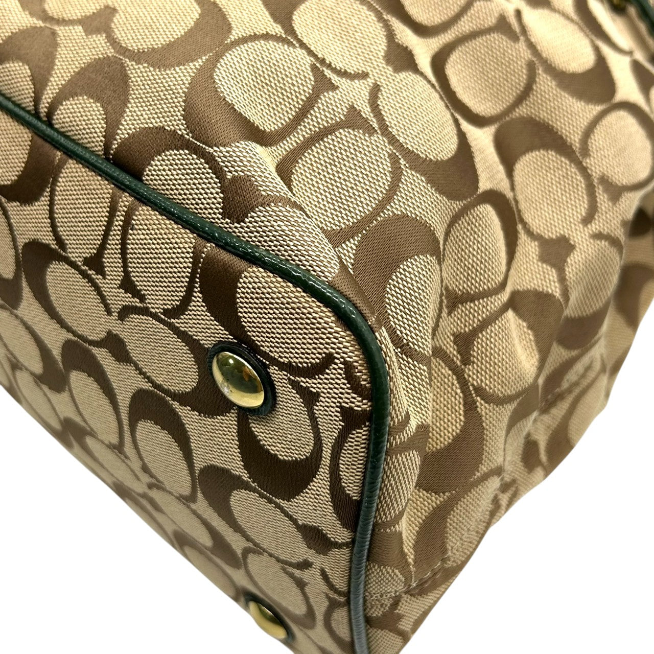 コーチ トートバッグ F24882 シグネチャー キャンバス 型押しレザー ブラウン グリーン 巾着型 A4収納可 大容量 肩掛け ワンショルダー レディース ハンドバッグ チャーム付き エレガントデザイン クリーニング済み s4