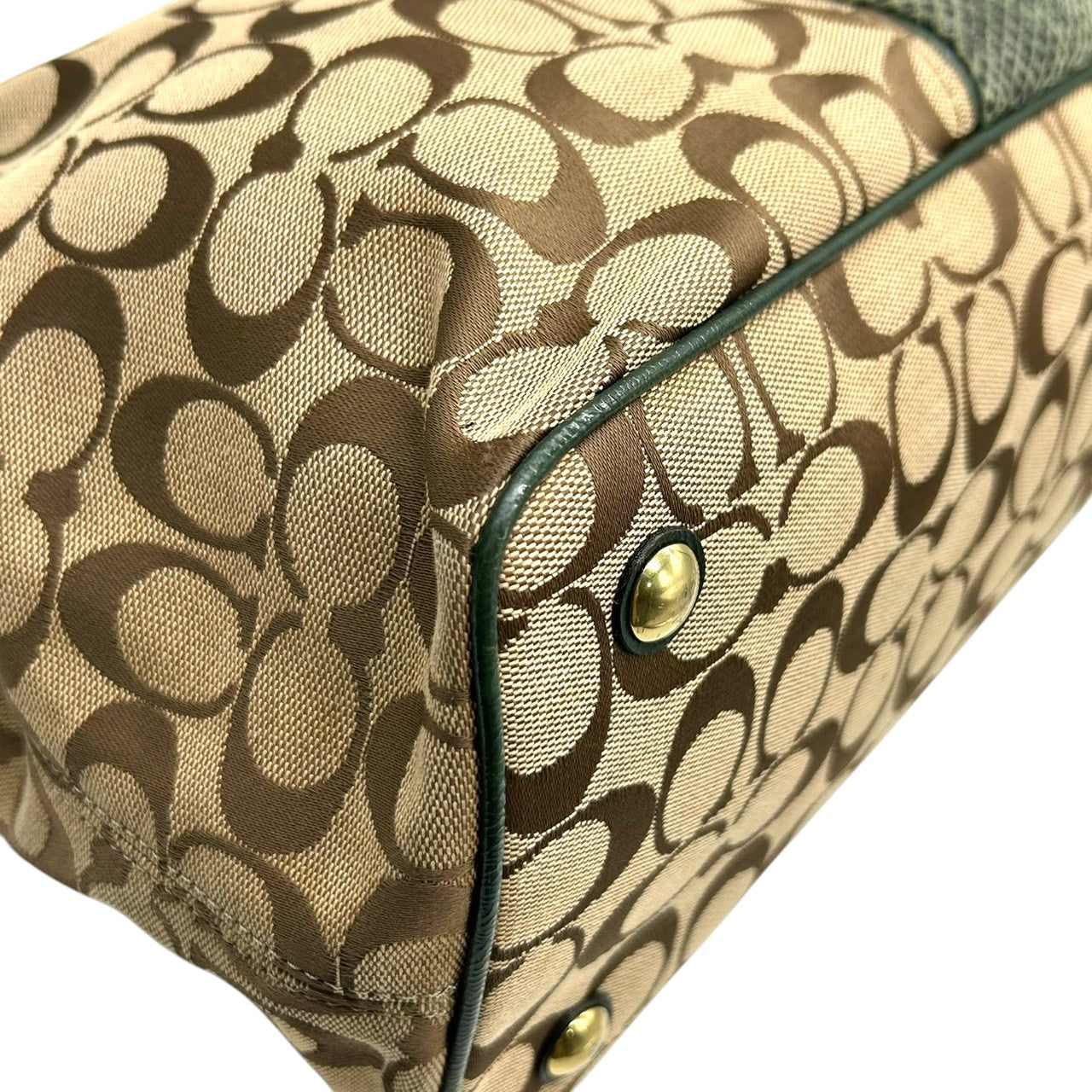 コーチ トートバッグ F24882 シグネチャー キャンバス 型押しレザー ブラウン グリーン 巾着型 A4収納可 大容量 肩掛け ワンショルダー レディース ハンドバッグ チャーム付き エレガントデザイン クリーニング済み s4