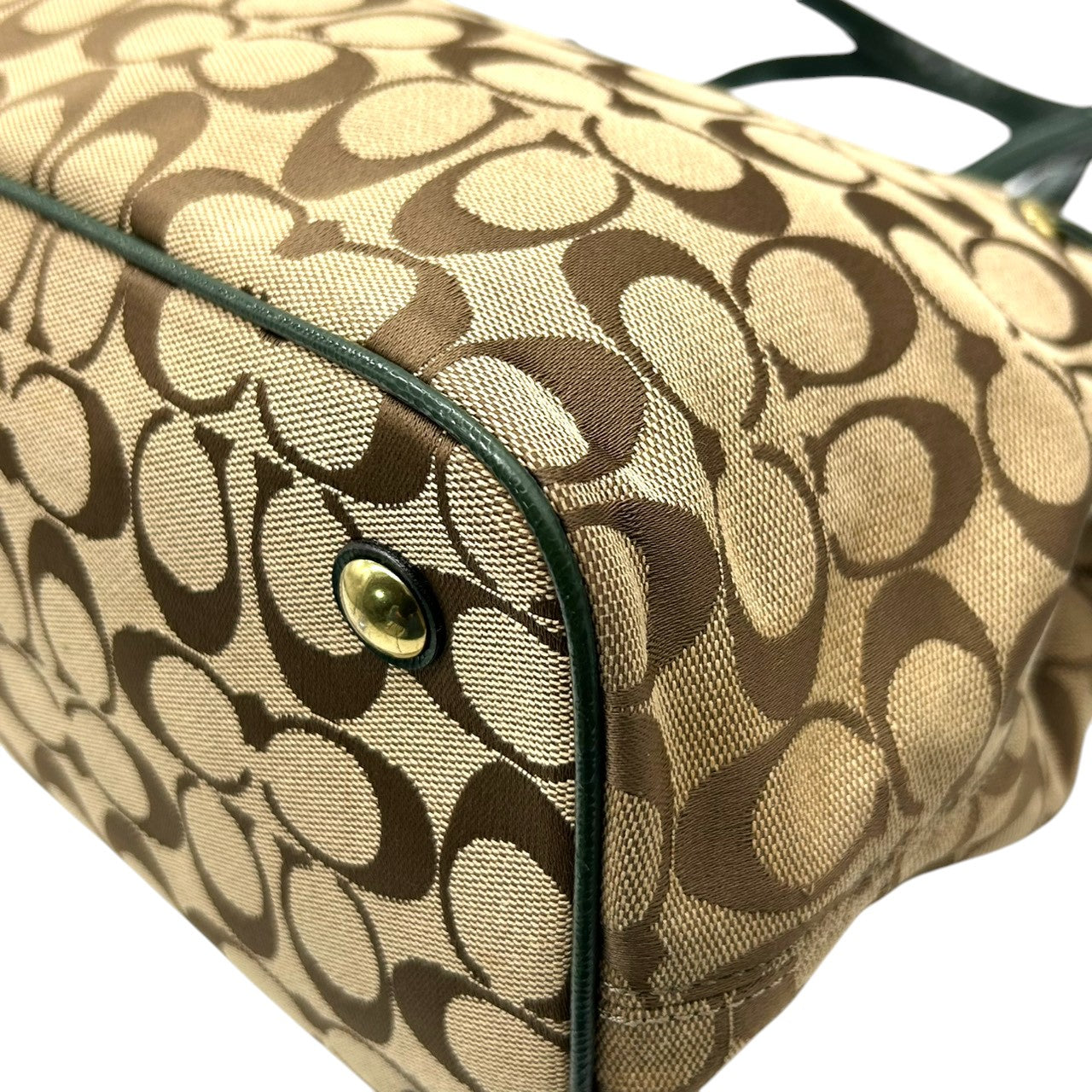 コーチ トートバッグ F24882 シグネチャー キャンバス 型押しレザー ブラウン グリーン 巾着型 A4収納可 大容量 肩掛け ワンショルダー レディース ハンドバッグ チャーム付き エレガントデザイン クリーニング済み s4