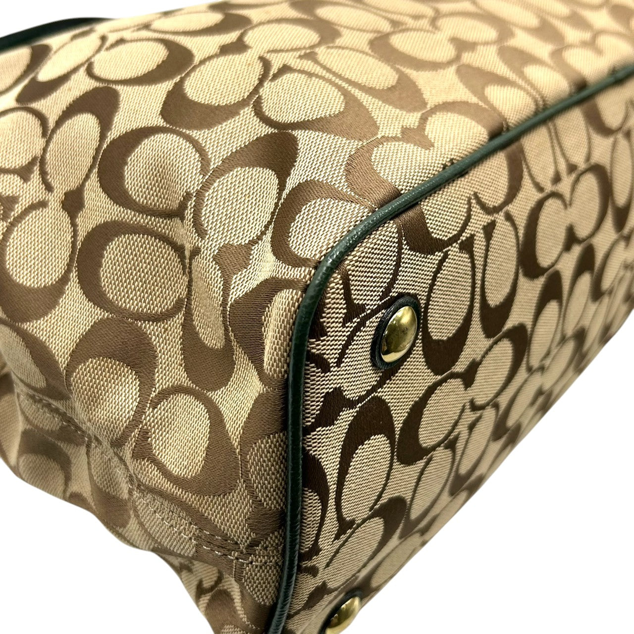 コーチ トートバッグ F24882 シグネチャー キャンバス 型押しレザー ブラウン グリーン 巾着型 A4収納可 大容量 肩掛け ワンショルダー レディース ハンドバッグ チャーム付き エレガントデザイン クリーニング済み s4