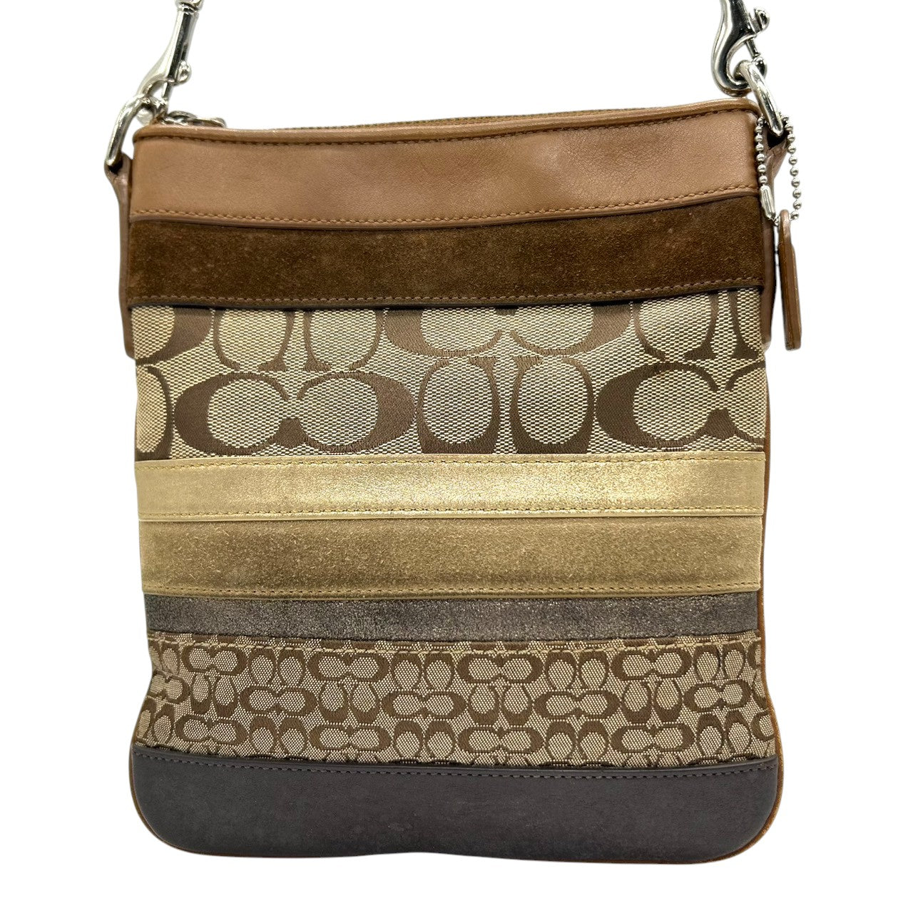 コーチ ショルダーバッグ シグネチャー ストライプ キャンバス レザー スエード ブラウン 斜め掛け可 ポシェット サコッシュ コンパクト 軽量 ミニショルダー レディース カジュアル チャーム付き スイングパック クリーニング済み s4