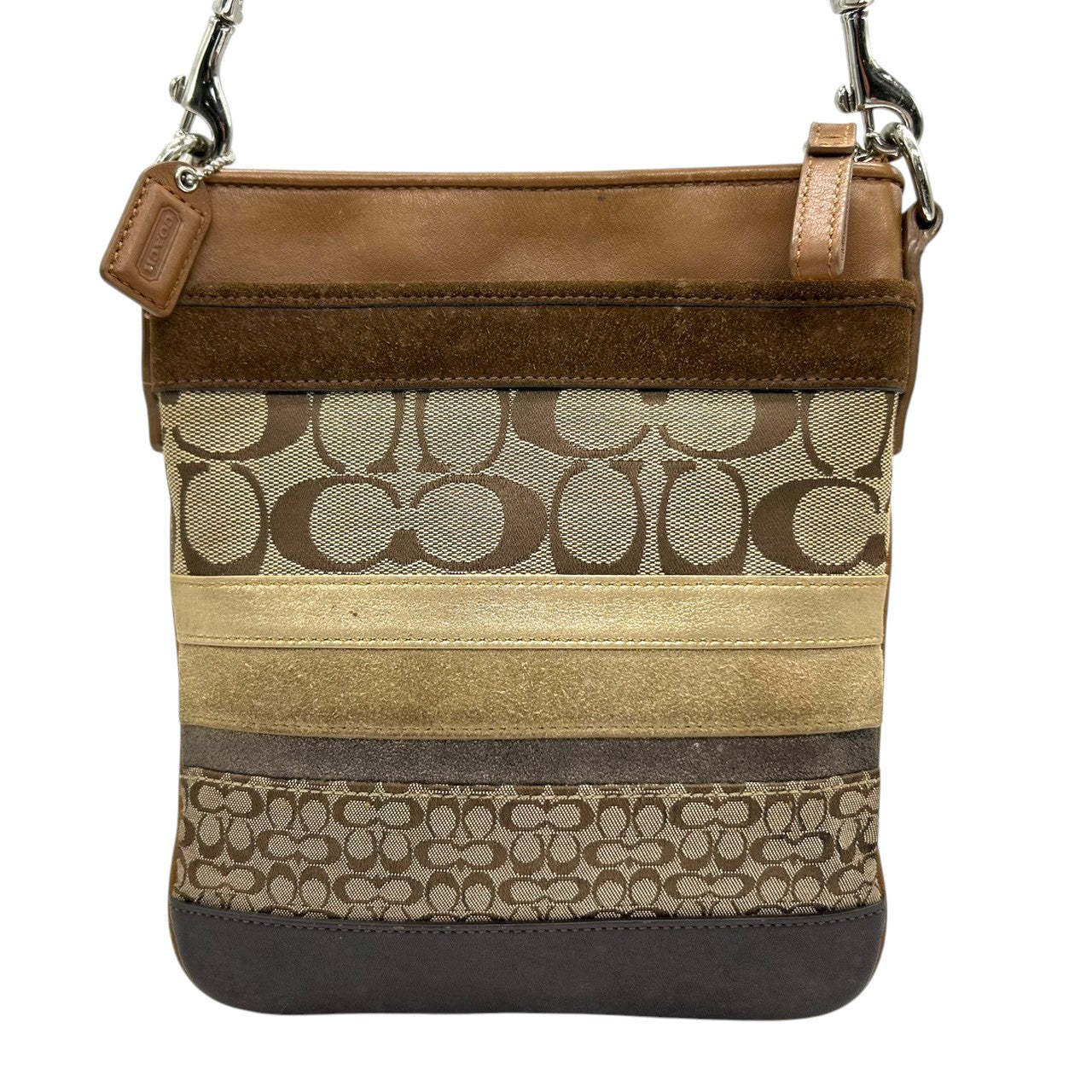 コーチ ショルダーバッグ シグネチャー ストライプ キャンバス レザー スエード ブラウン 斜め掛け可 ポシェット サコッシュ コンパクト 軽量 ミニショルダー レディース カジュアル チャーム付き スイングパック クリーニング済み s4