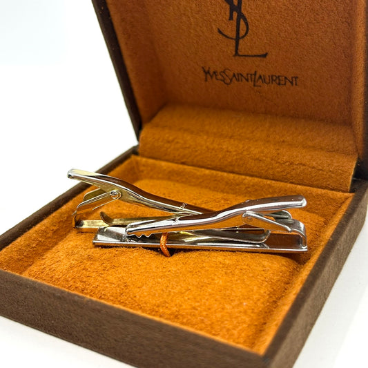Yves Saint Laurent イヴ・サンローラン YSL タイピン ネクタイピン 2本セット ゴールド シルバー 専用ケース付き 紳士 メンズ ビジネス H4