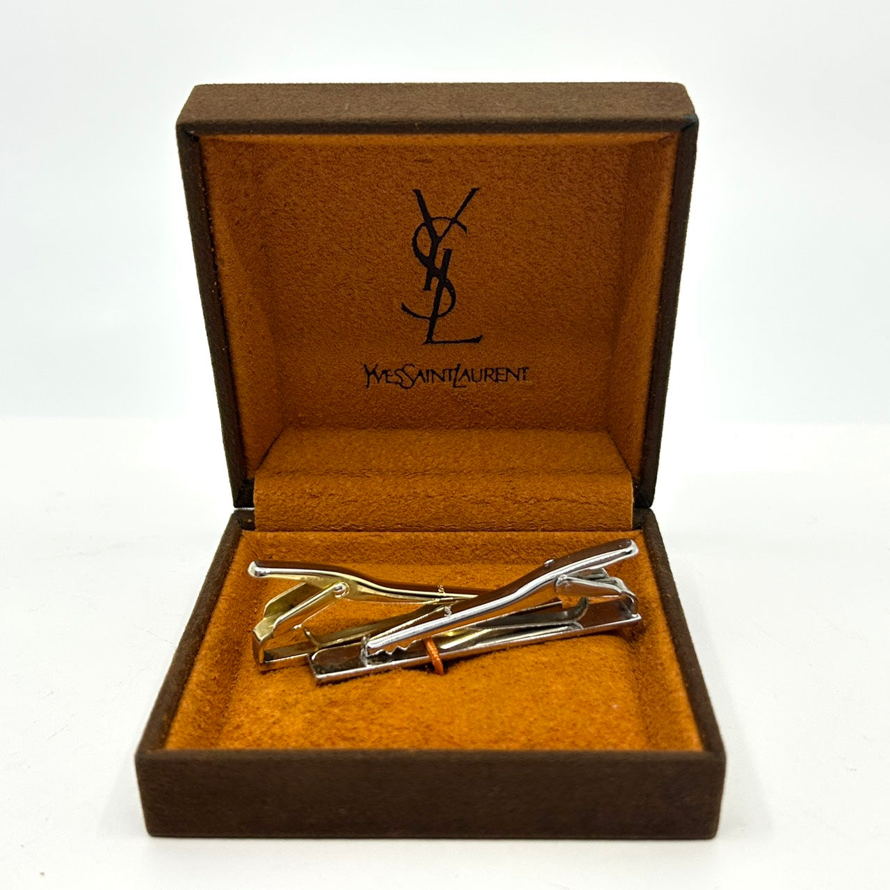 Yves Saint Laurent イヴ・サンローラン YSL タイピン ネクタイピン 2本セット ゴールド シルバー 専用ケース付き 紳士 メンズ ビジネス H4