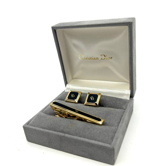 クリスチャンディオール Christian Dior カフスボタン ネクタイピン セット ゴールド 黒 ブラック CDロゴ ビジネス フォーマル 箱付き 紳士 メンズ H4