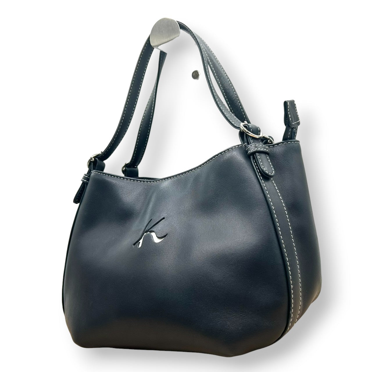【美品】Kitamura キタムラ ハンドバッグ ショルダーバッグ ワンショルダー レザー Kロゴ ステッチ ネイビー 紺 シルバー金具 レディース エレガント 上品 フォーマル カジュアル 通勤 自立可 G3