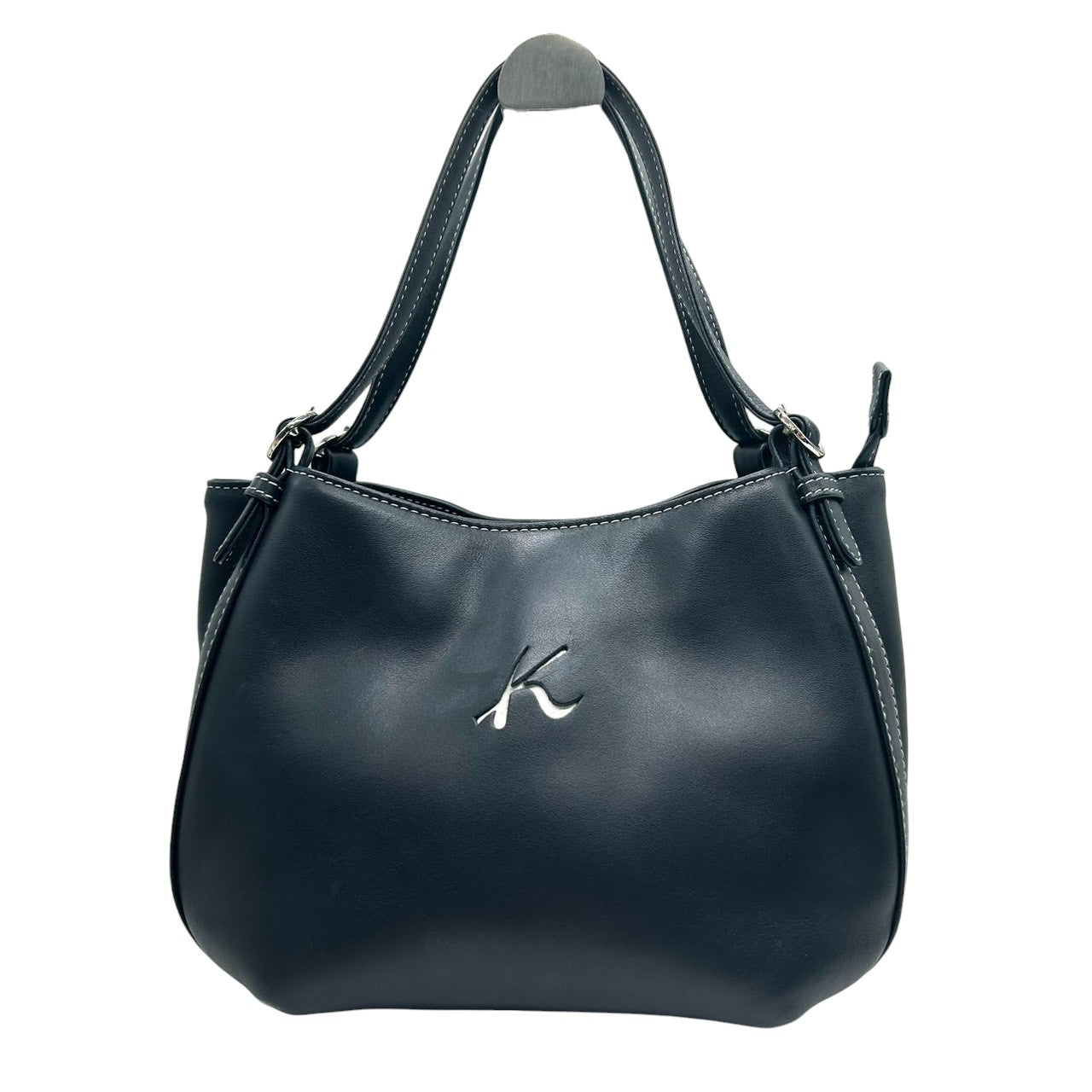 【美品】Kitamura キタムラ ハンドバッグ ショルダーバッグ ワンショルダー レザー Kロゴ ステッチ ネイビー 紺 シルバー金具 レディース エレガント 上品 フォーマル カジュアル 通勤 自立可 G3