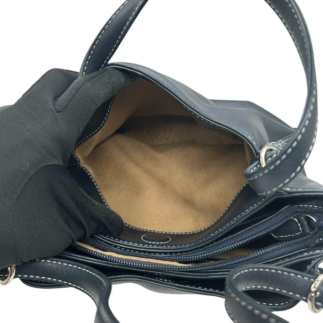 【美品】Kitamura キタムラ ハンドバッグ ショルダーバッグ ワンショルダー レザー Kロゴ ステッチ ネイビー 紺 シルバー金具 レディース エレガント 上品 フォーマル カジュアル 通勤 自立可 G3