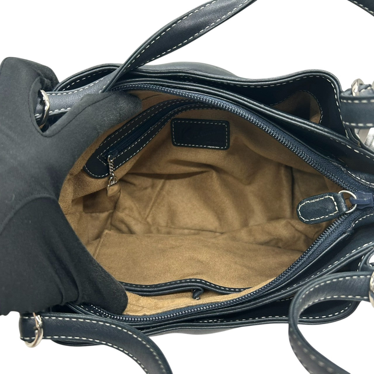 【美品】Kitamura キタムラ ハンドバッグ ショルダーバッグ ワンショルダー レザー Kロゴ ステッチ ネイビー 紺 シルバー金具 レディース エレガント 上品 フォーマル カジュアル 通勤 自立可 G3