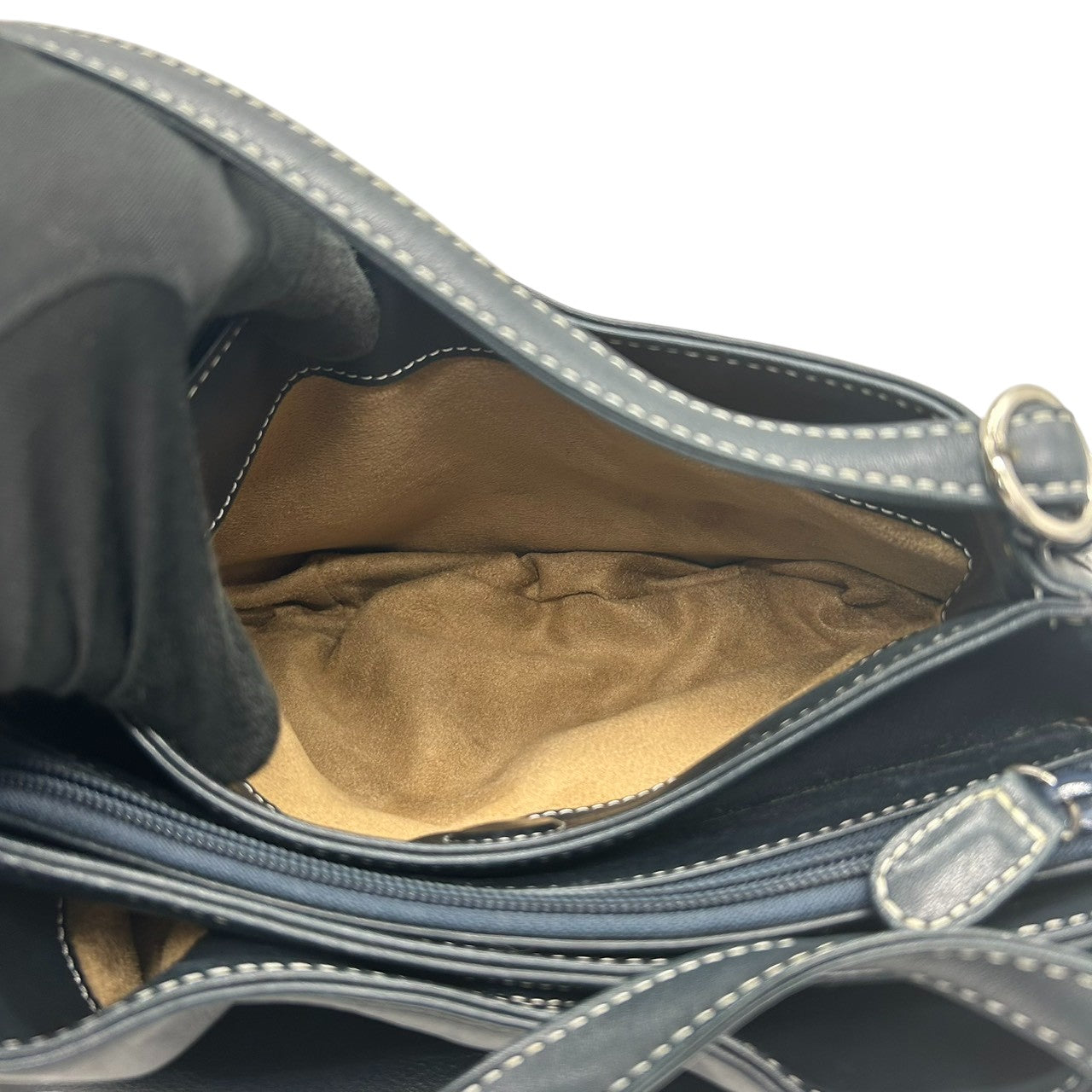 【美品】Kitamura キタムラ ハンドバッグ ショルダーバッグ ワンショルダー レザー Kロゴ ステッチ ネイビー 紺 シルバー金具 レディース エレガント 上品 フォーマル カジュアル 通勤 自立可 G3