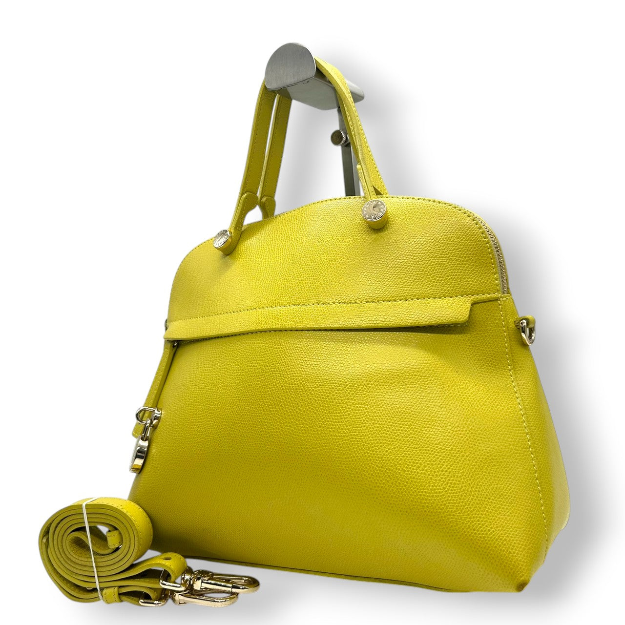 【美品】FURLA フルラ パイパー M 2way ハンドバッグ ショルダーバッグ ドーム型 レザー 本革 イエロー 黄色 ゴールド金具 斜め掛け可 レディース エレガント フォーマル カジュアル 通勤 自立可 G1