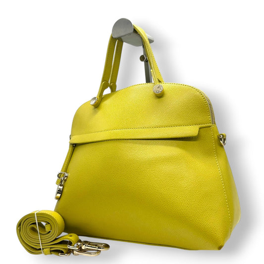 【美品】FURLA フルラ パイパー M 2way ハンドバッグ ショルダーバッグ ドーム型 レザー 本革 イエロー 黄色 ゴールド金具 斜め掛け可 レディース エレガント フォーマル カジュアル 通勤 自立可 G1