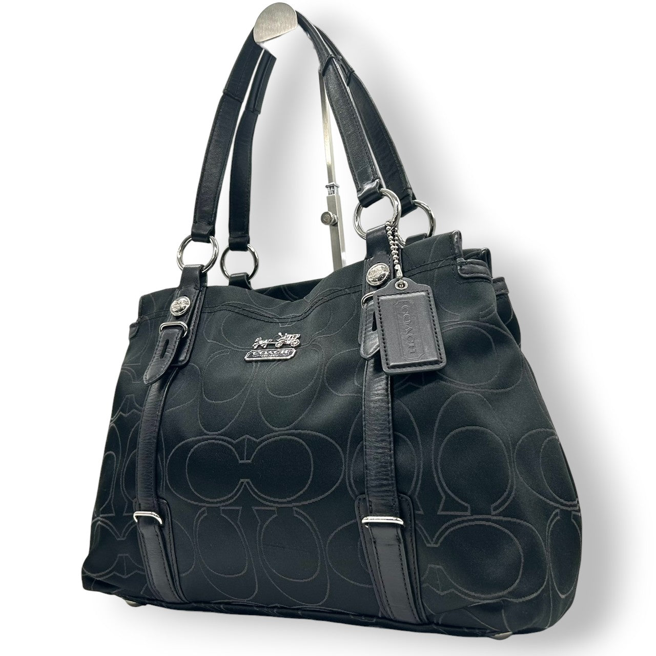 【美品】COACH コーチ トートバッグ ハンドバッグ ワンショルダー オプアート シグネチャー ナイロン レザー ブラック 黒 A4収納可 レディース 通勤通学 ビジネス デイリーユース シルバー金具 エレガント 定番人気 自立可 F15402 s96