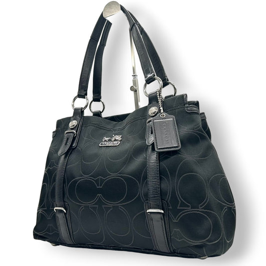 【美品】COACH コーチ トートバッグ ハンドバッグ ワンショルダー オプアート シグネチャー ナイロン レザー ブラック 黒 A4収納可 レディース 通勤通学 ビジネス デイリーユース シルバー金具 エレガント 定番人気 自立可 F15402 s96