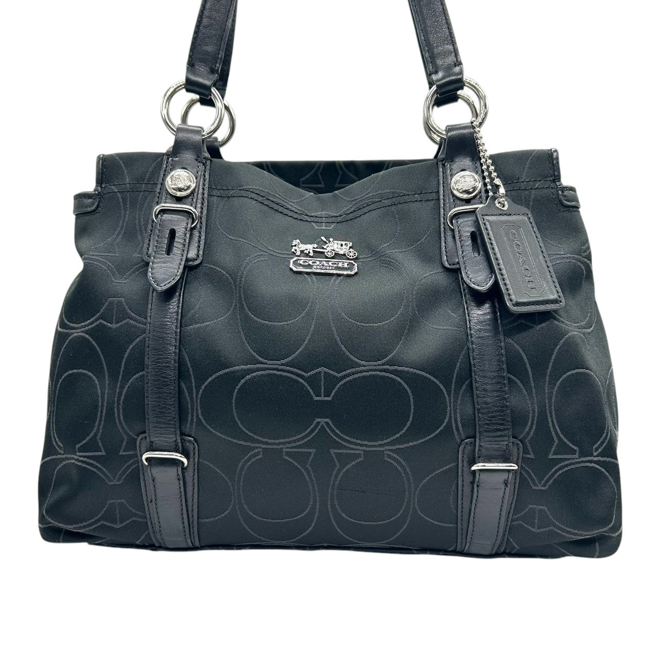 【美品】COACH コーチ トートバッグ ハンドバッグ ワンショルダー オプアート シグネチャー ナイロン レザー ブラック 黒 A4収納可 レディース 通勤通学 ビジネス デイリーユース シルバー金具 エレガント 定番人気 自立可 F15402 s96