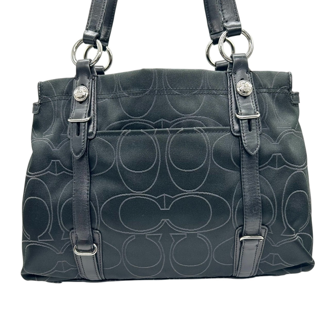 【美品】COACH コーチ トートバッグ ハンドバッグ ワンショルダー オプアート シグネチャー ナイロン レザー ブラック 黒 A4収納可 レディース 通勤通学 ビジネス デイリーユース シルバー金具 エレガント 定番人気 自立可 F15402 s96