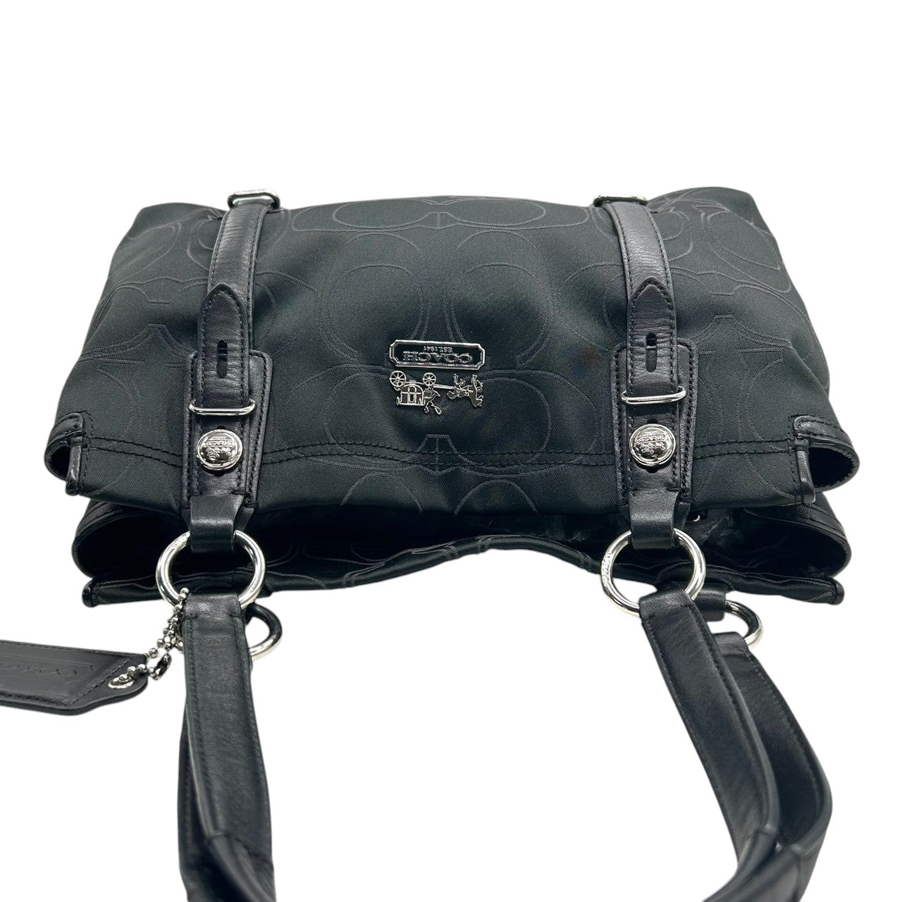 【美品】COACH コーチ トートバッグ ハンドバッグ ワンショルダー オプアート シグネチャー ナイロン レザー ブラック 黒 A4収納可 レディース 通勤通学 ビジネス デイリーユース シルバー金具 エレガント 定番人気 自立可 F15402 s96